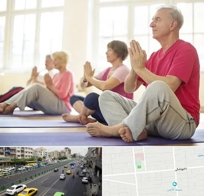 کلاس یوگا سالمندان در خیابان دامپزشکی
